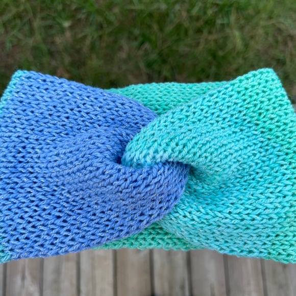Hand Crafted Accessories - Blue Teal with Tinsel Handmade Knit Twist Top Knot Headband Ear Warmer